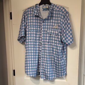 Magellan Outdoors Men's Blue and Pink Plaid Shirt